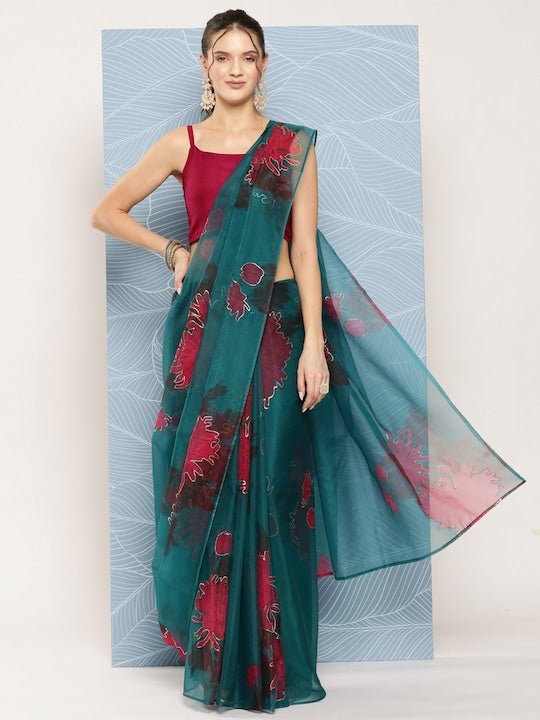 Green & Red Floral Organza Saree - Inddus.com