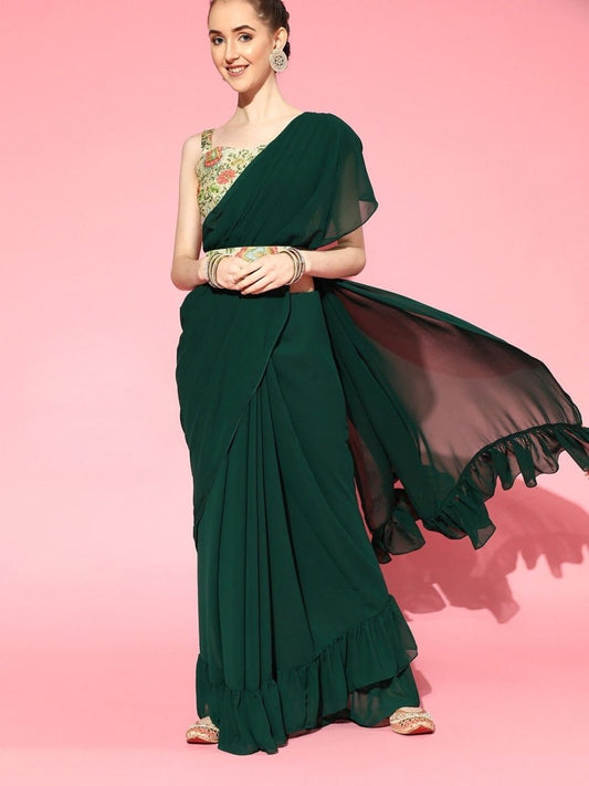 Green Ruffled Saree with Embroidered Belt - inddus-us