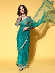 Green Saree with Embellished border - Inddus.com