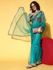 Green Saree with Embellished border - Inddus.com