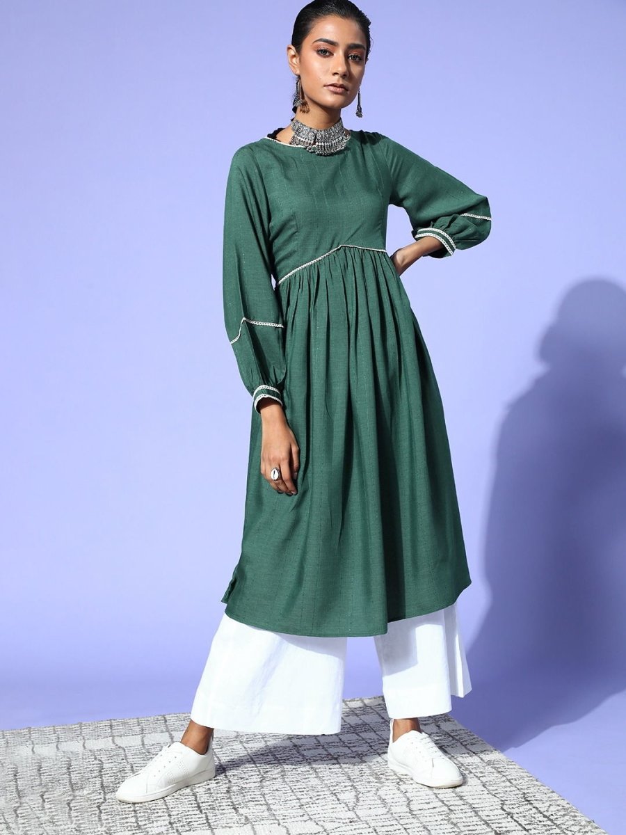 Green Sequins Back Tip-up Kurta - Inddus.com