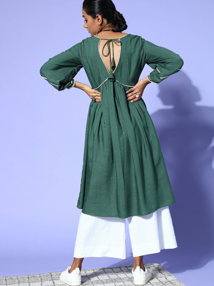 Green Sequins Back Tip-up Kurta - Inddus.com