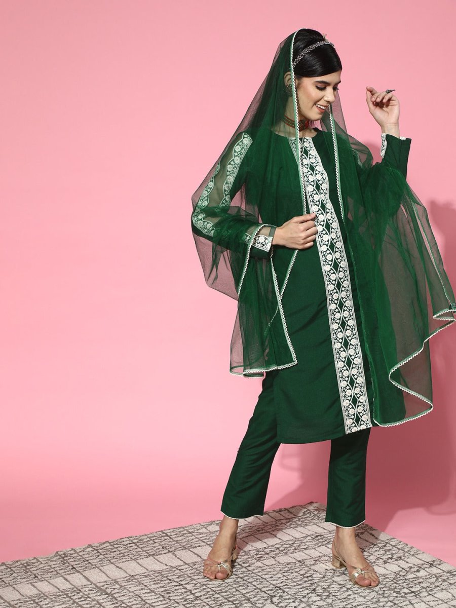 Green Silk Blend Embroidered with Salwar Kameez Duppata - Inddus.com