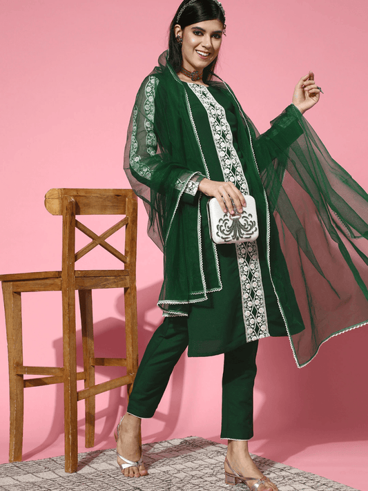 Green Silk Blend Embroidered with Salwar Kameez Duppata - Inddus.com