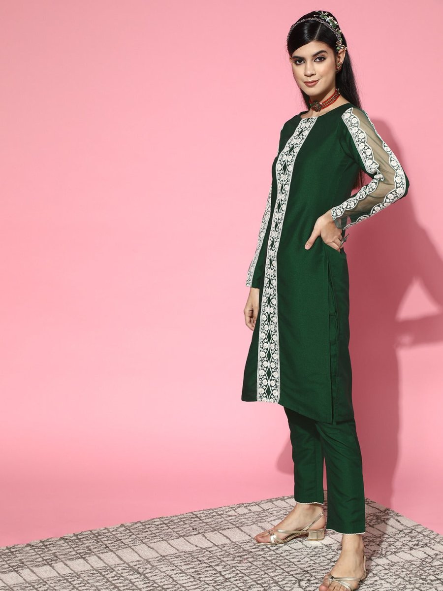 Green Silk Blend Embroidered with Salwar Kameez Duppata - Inddus.com