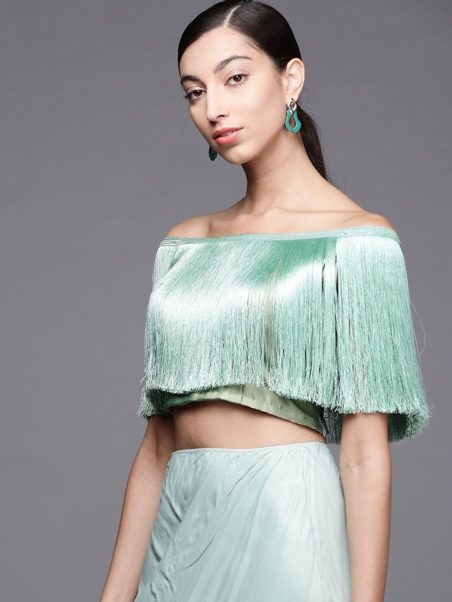 Green Silk blend Solid Crop Top - inddus-us