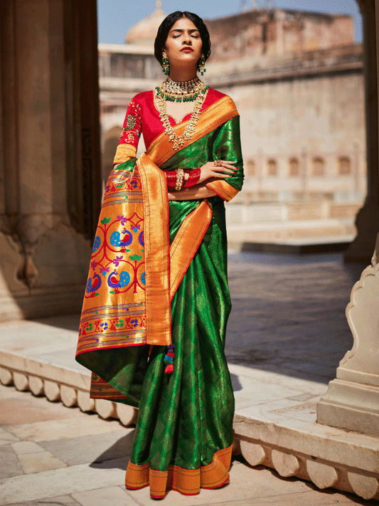 Green Silk Embellished Saree - Inddus.com