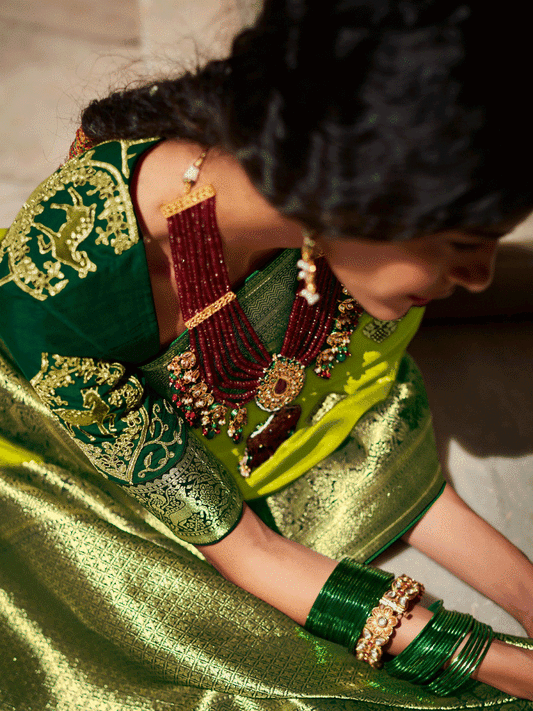 Green Silk Embellished Saree - Inddus.com