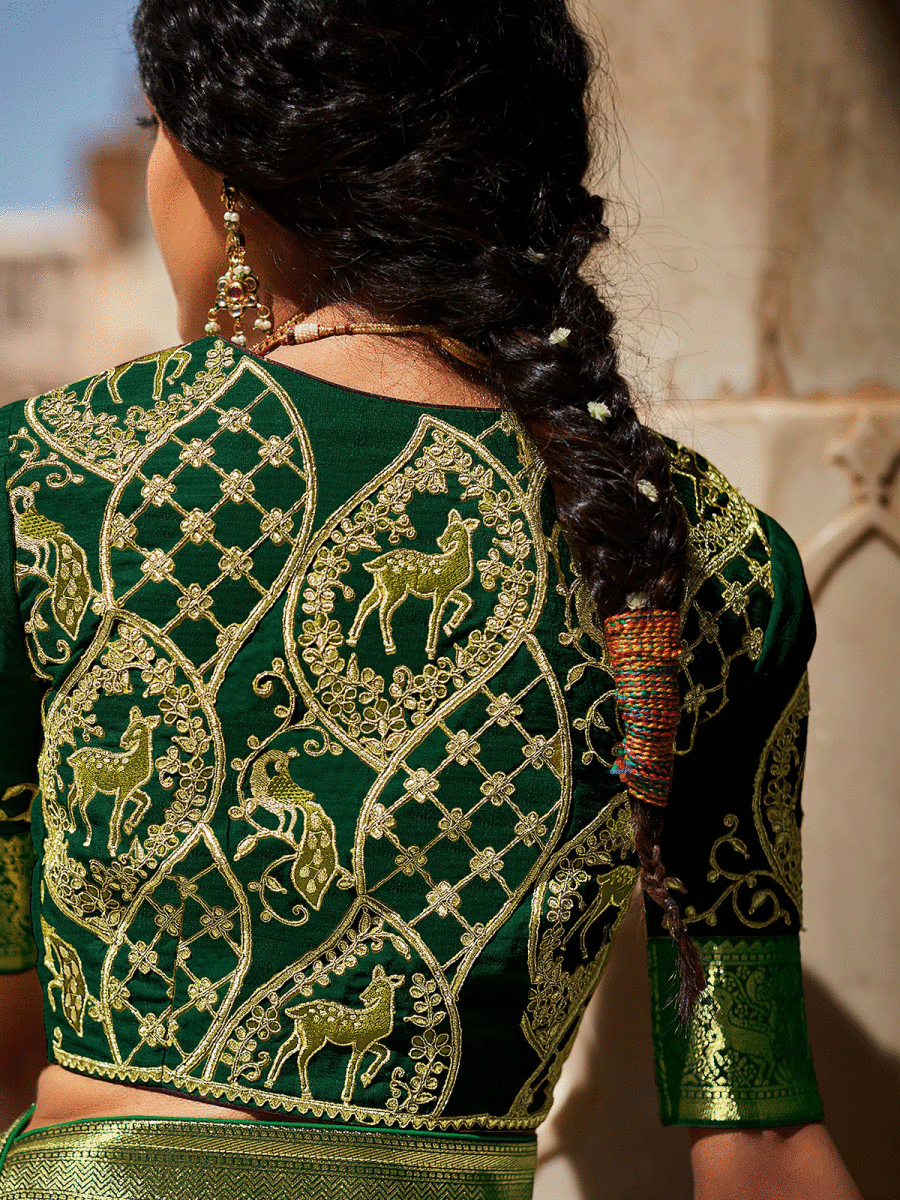 Green Silk Embellished Saree - Inddus.com