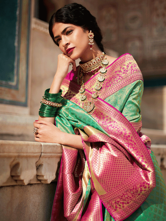 Green Silk Embellished Saree - Inddus.com