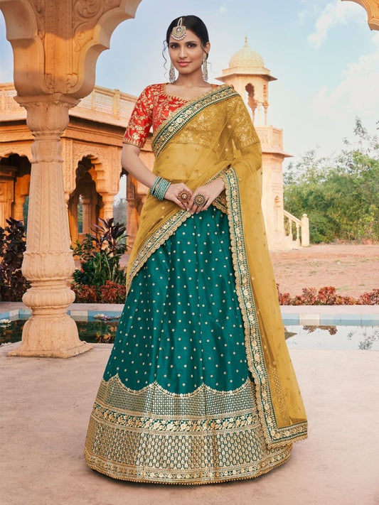 Green Silk Partywear Lehenga Choli - Inddus.com