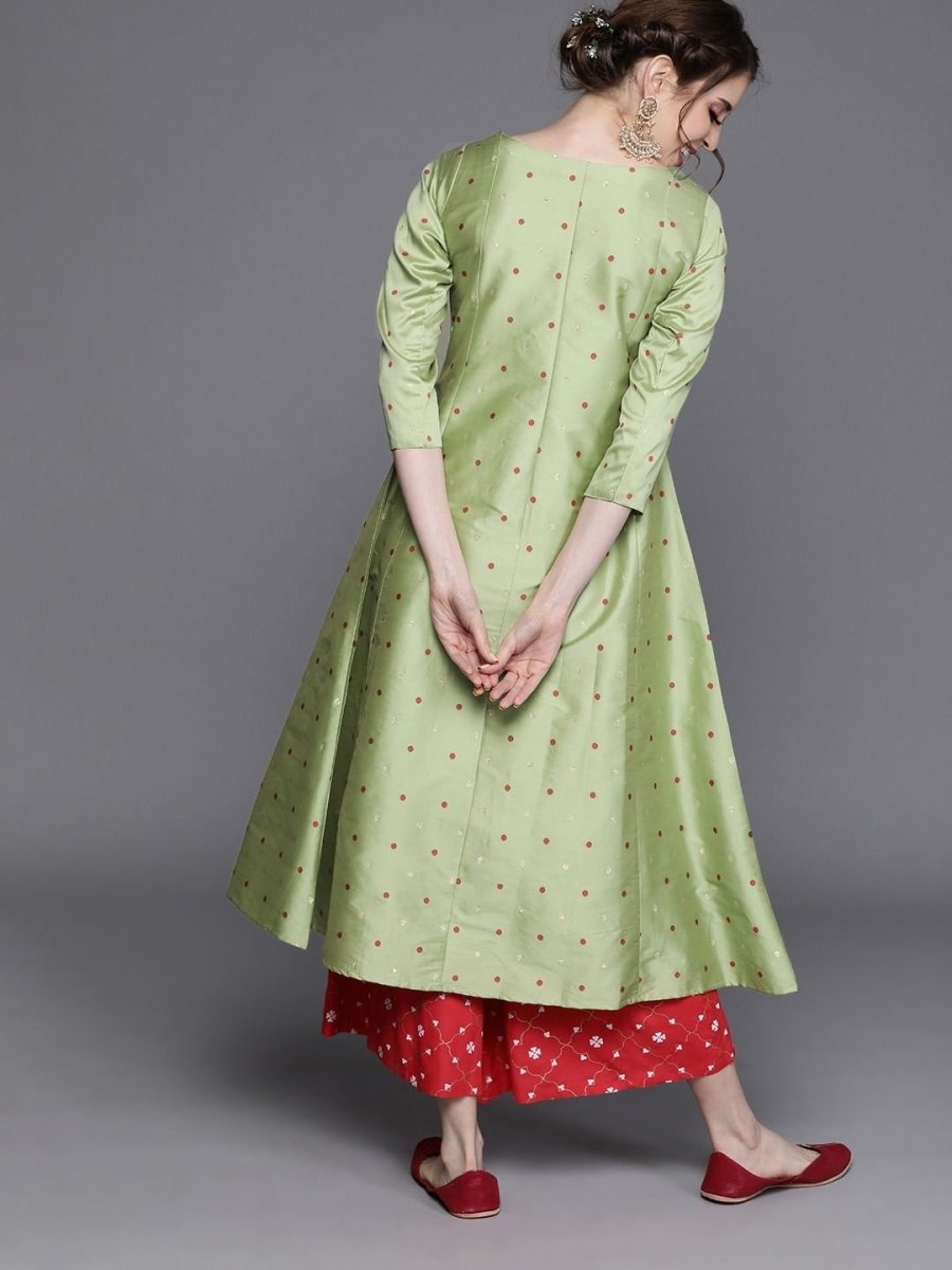 Green Silk Polka Dots Kurta - Inddus.com