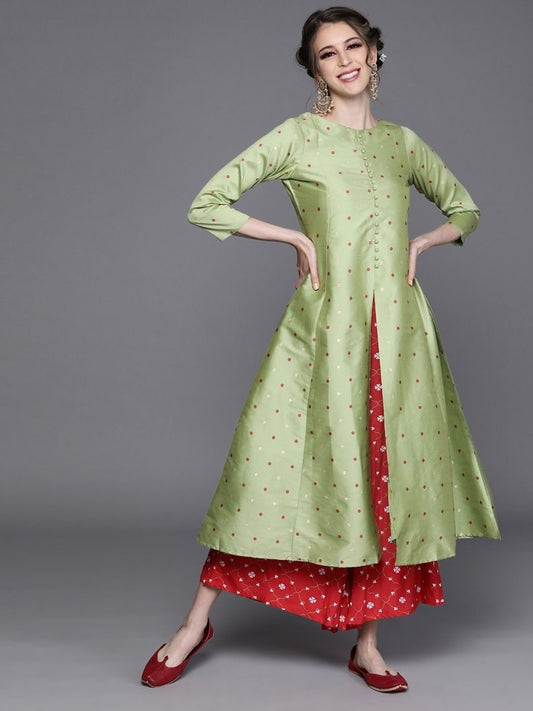 Green Silk Polka Dots Kurta - Inddus.com