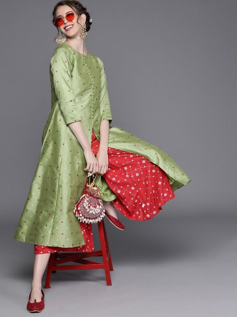 Green Silk Polka Dots Kurta - Inddus.com