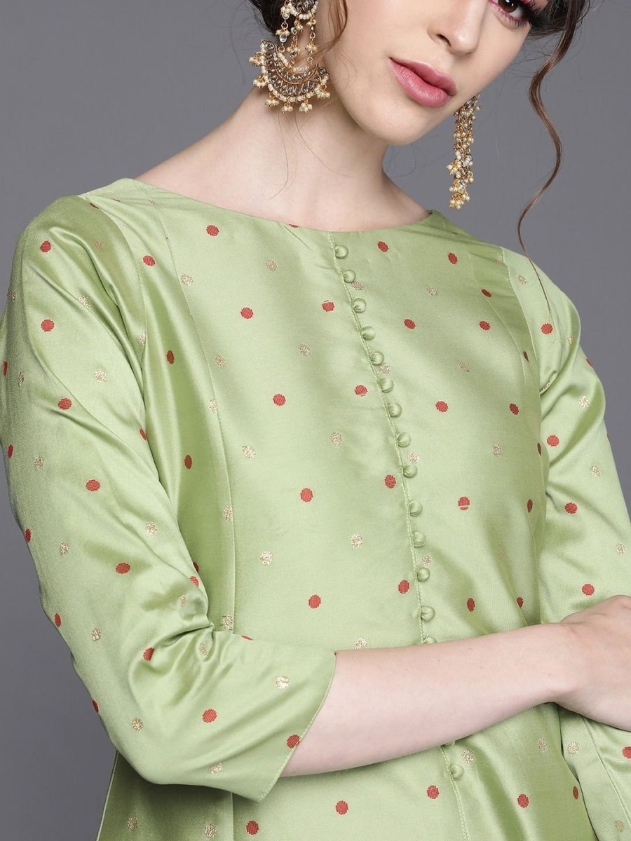 Green Silk Polka Dots Kurta - Inddus.com