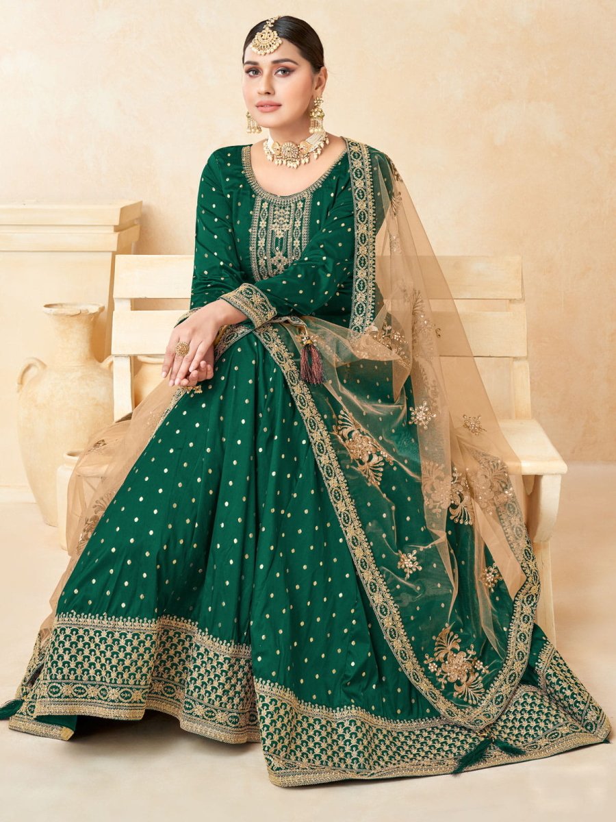 Green Tafeta Butti Partywear Anarkali Suit - Inddus.com