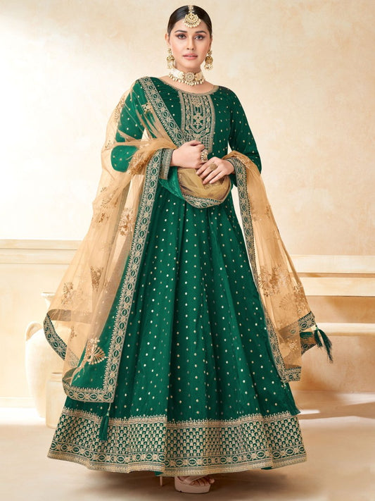 Green Tafeta Butti Partywear Anarkali Suit - Inddus.com