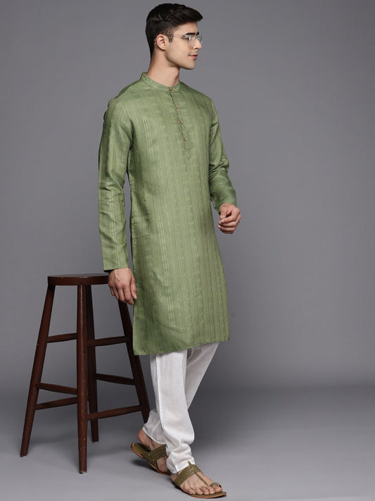 Green Woven Design Striped Kurta - Inddus.com