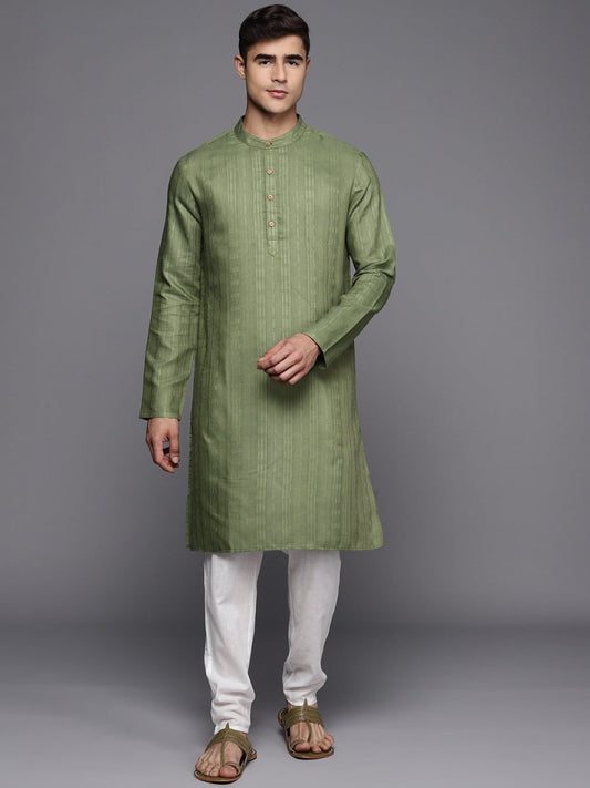 Green Woven Design Striped Kurta - Inddus.com