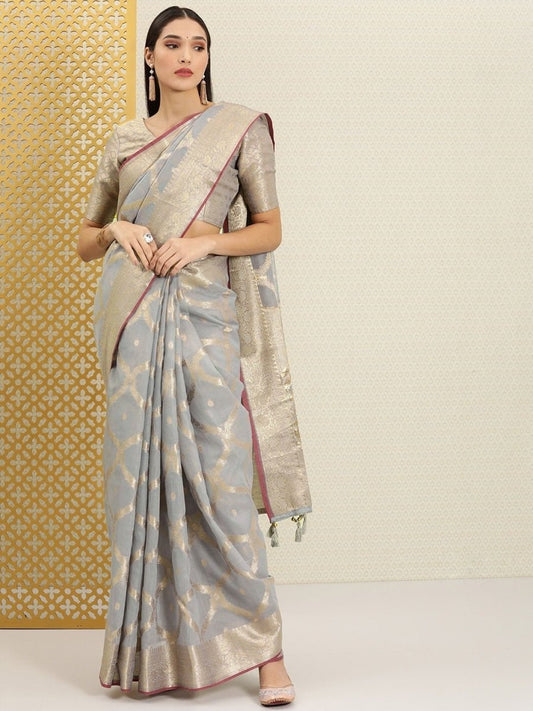 Grey and Gold Ethnic Motifs Zari Woven Saree - Inddus.com