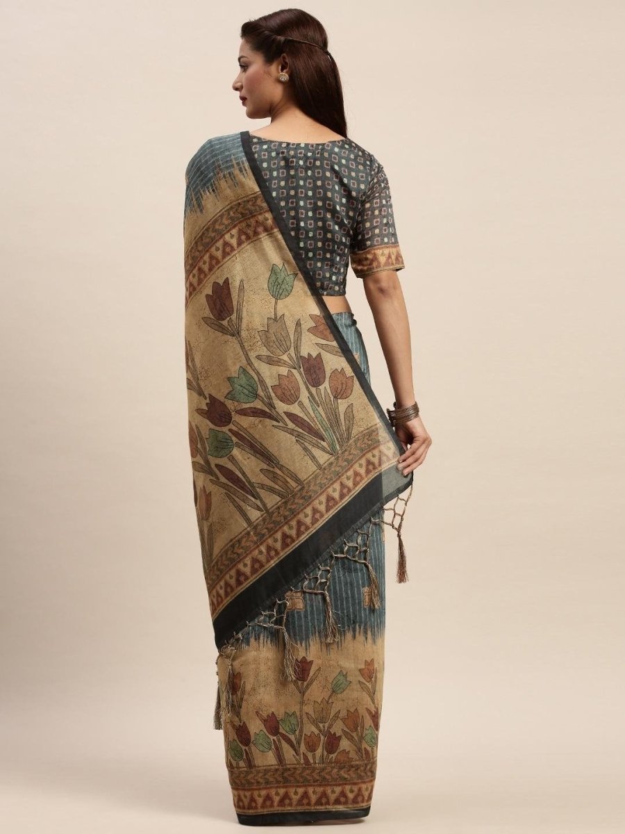 Grey & Beige Cotton Blend Printed Saree - inddus-us