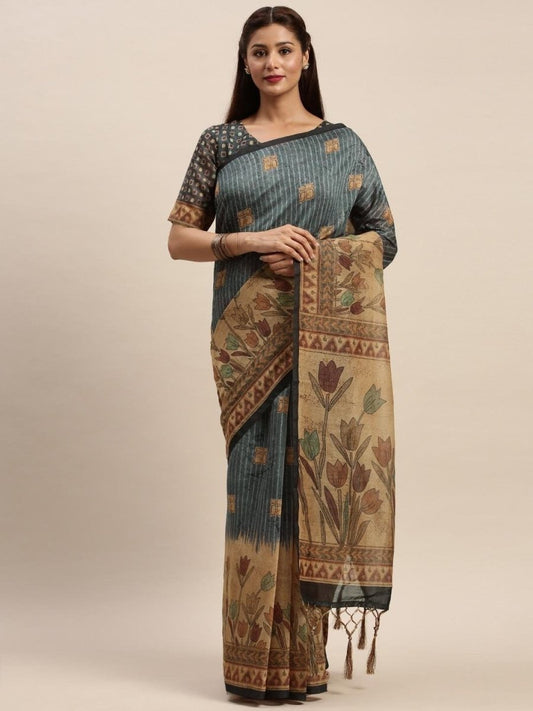 Grey & Beige Cotton Blend Printed Saree - inddus-us