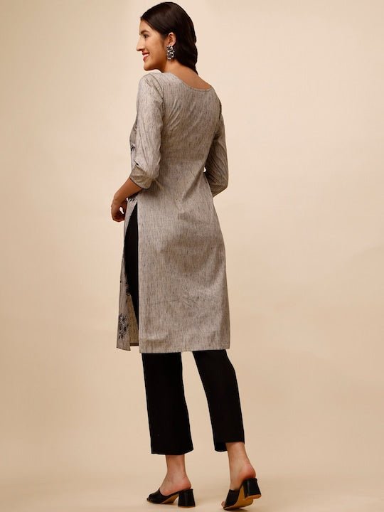 Grey & Black Floral Embroidered Thread Work Kurta with Trousers - Inddus.com