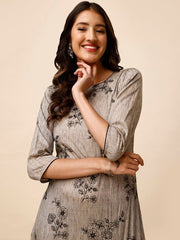 Grey & Black Floral Embroidered Thread Work Kurta with Trousers - Inddus.com