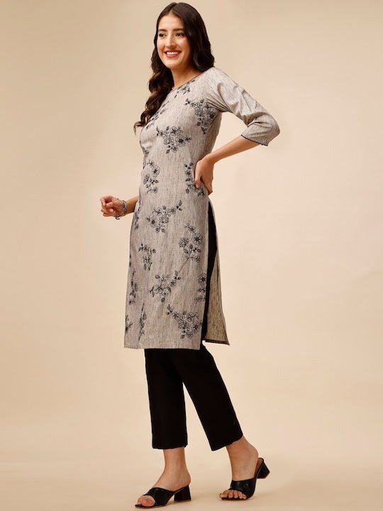 Grey & Black Floral Embroidered Thread Work Kurta with Trousers - Inddus.com