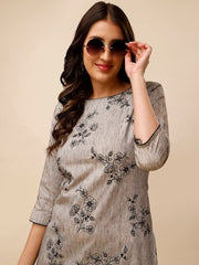 Grey & Black Floral Embroidered Thread Work Kurta with Trousers - Inddus.com