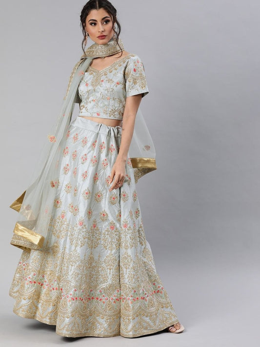 Grey Embroidered Party Wear Lehenga Choli - inddus-us