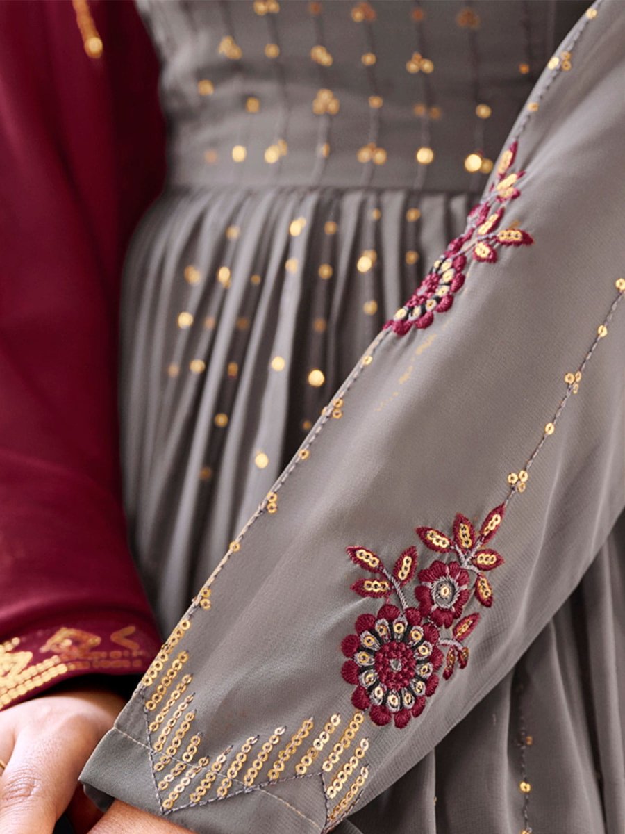 Grey Embroidered Partywear Sharara-Style-Suit - Inddus.com