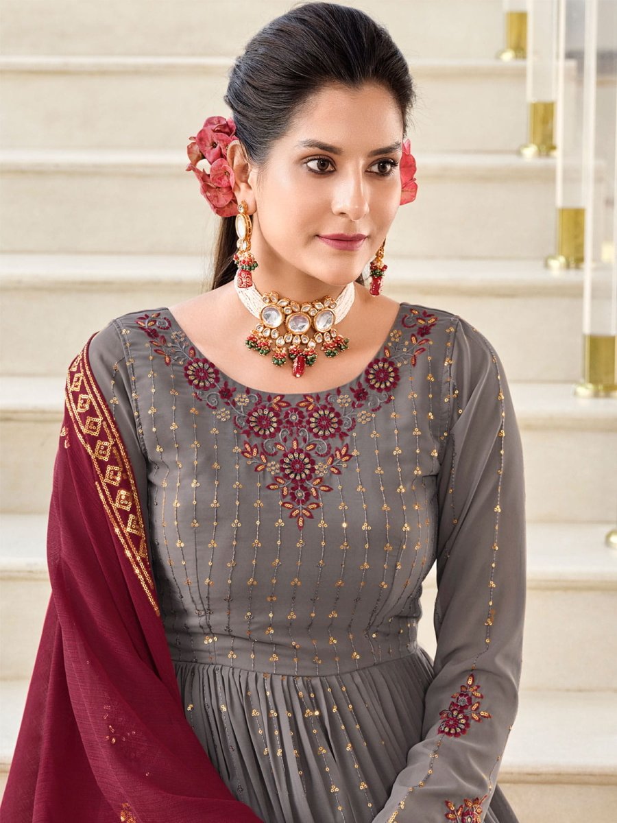 Grey Embroidered Partywear Sharara-Style-Suit - Inddus.com