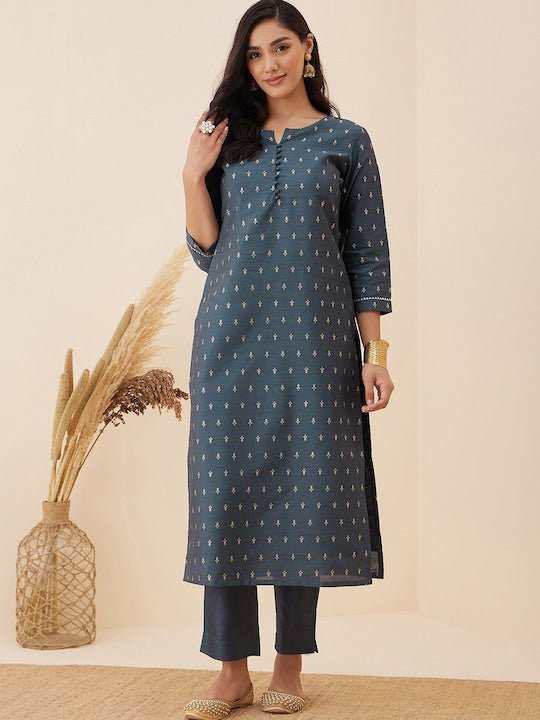 Grey Ethnic Motif Woven Design Straight Kurta with Trousers - Inddus.com