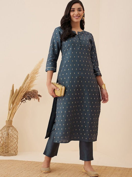 Grey Ethnic Motif Woven Design Straight Kurta with Trousers - Inddus.com