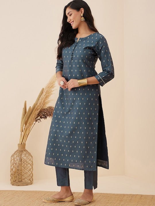 Grey Ethnic Motif Woven Design Straight Kurta with Trousers - Inddus.com