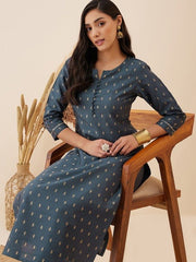 Grey Ethnic Motif Woven Design Straight Kurta with Trousers - Inddus.com