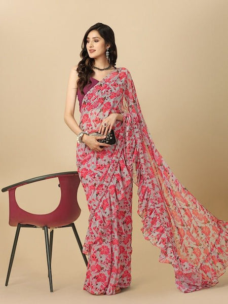 MEGAN JASMINE WHITE FLORAL PRINTED RUFFLE SAREE WITH BELT – Deasha India