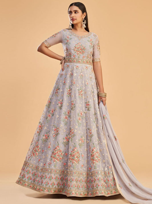 Grey Georgette Festive Anarkali Suit - Inddus.com