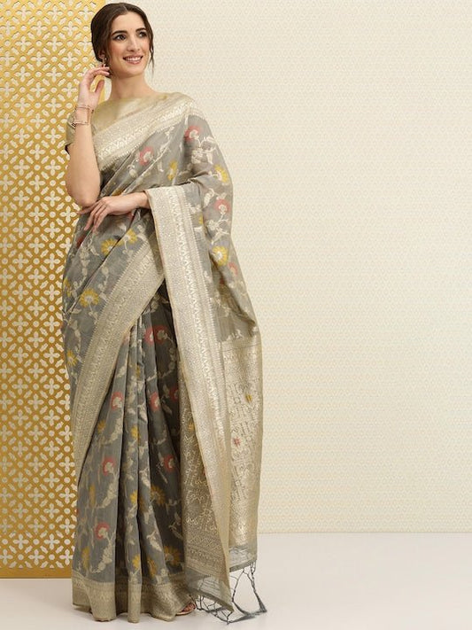 Grey & Gold-Toned Floral Jaal Woven Zari Saree - Inddus.com