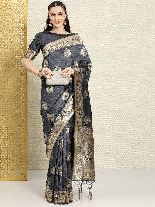 Grey & Golden Ethnic Motif Zari Woven Silk Blend Banarasi Saree - Inddus.com