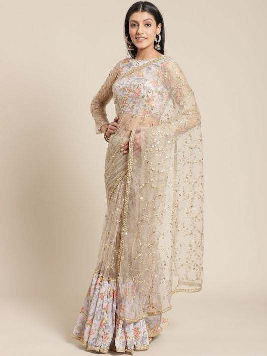 Grey & Golden Net Embroidered Ruffled Saree - Inddus.com