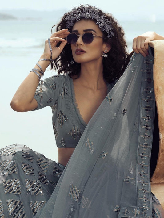 Grey Net Embroidered Lehenga Choli - inddus-us