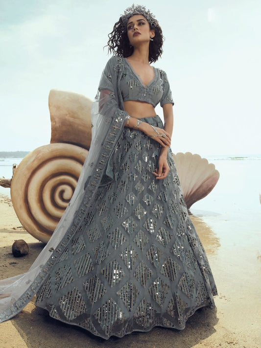 Grey Net Embroidered Lehenga Choli - inddus-us