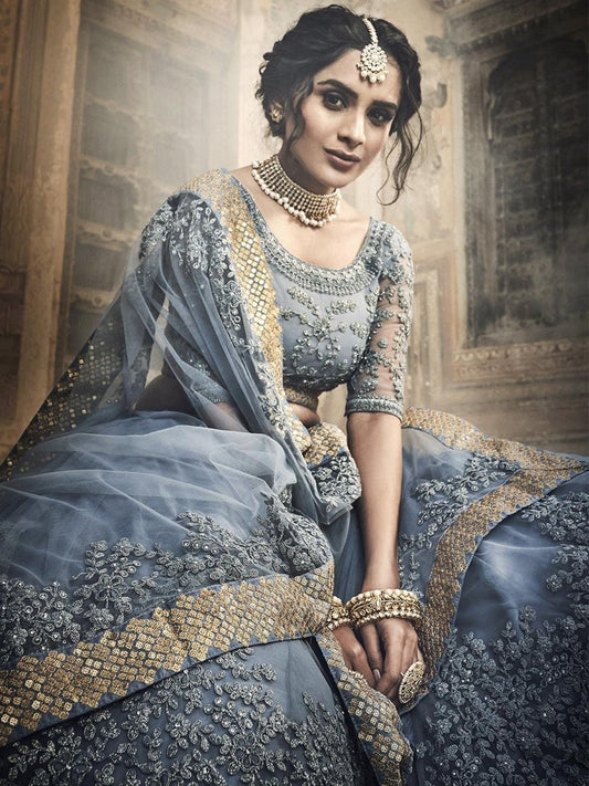 Grey Net Embroidered Wedding Lehenga Choli - inddus-us