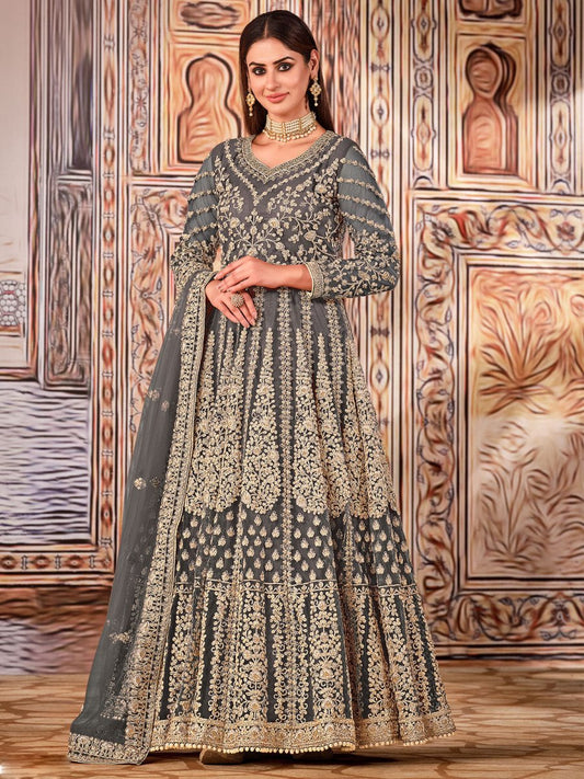 Grey Net Festive Wear Anarkali Suit - Inddus.com