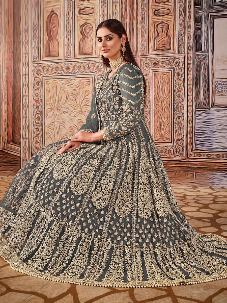 Grey Net Festive Wear Anarkali Suit - Inddus.com