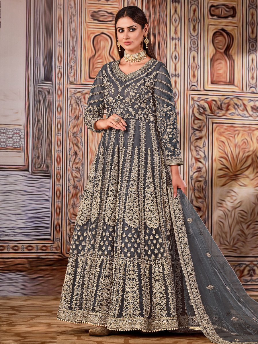 Grey Net Festive Wear Anarkali Suit - Inddus.com