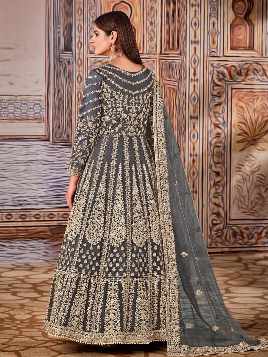 Grey Net Festive Wear Anarkali Suit - Inddus.com