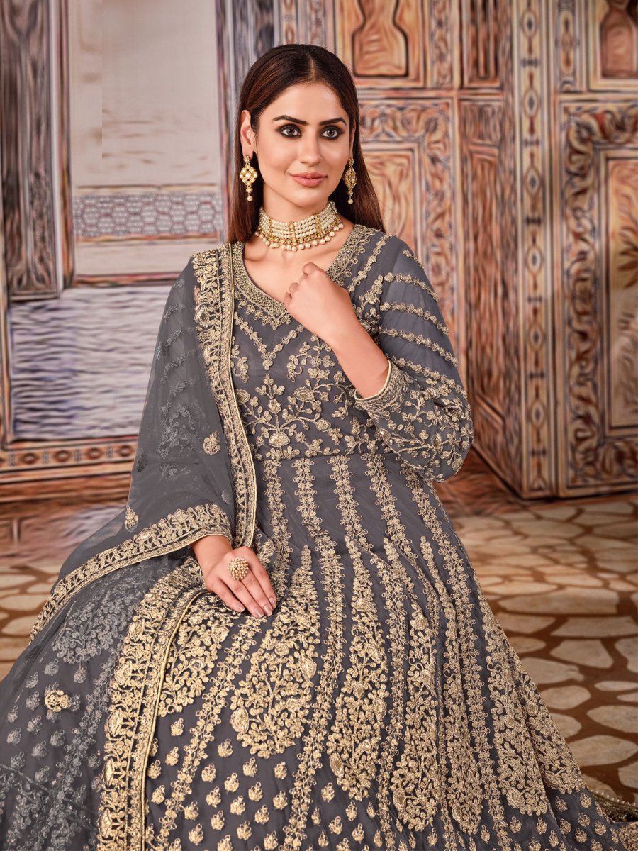 Grey Net Festive Wear Anarkali Suit - Inddus.com